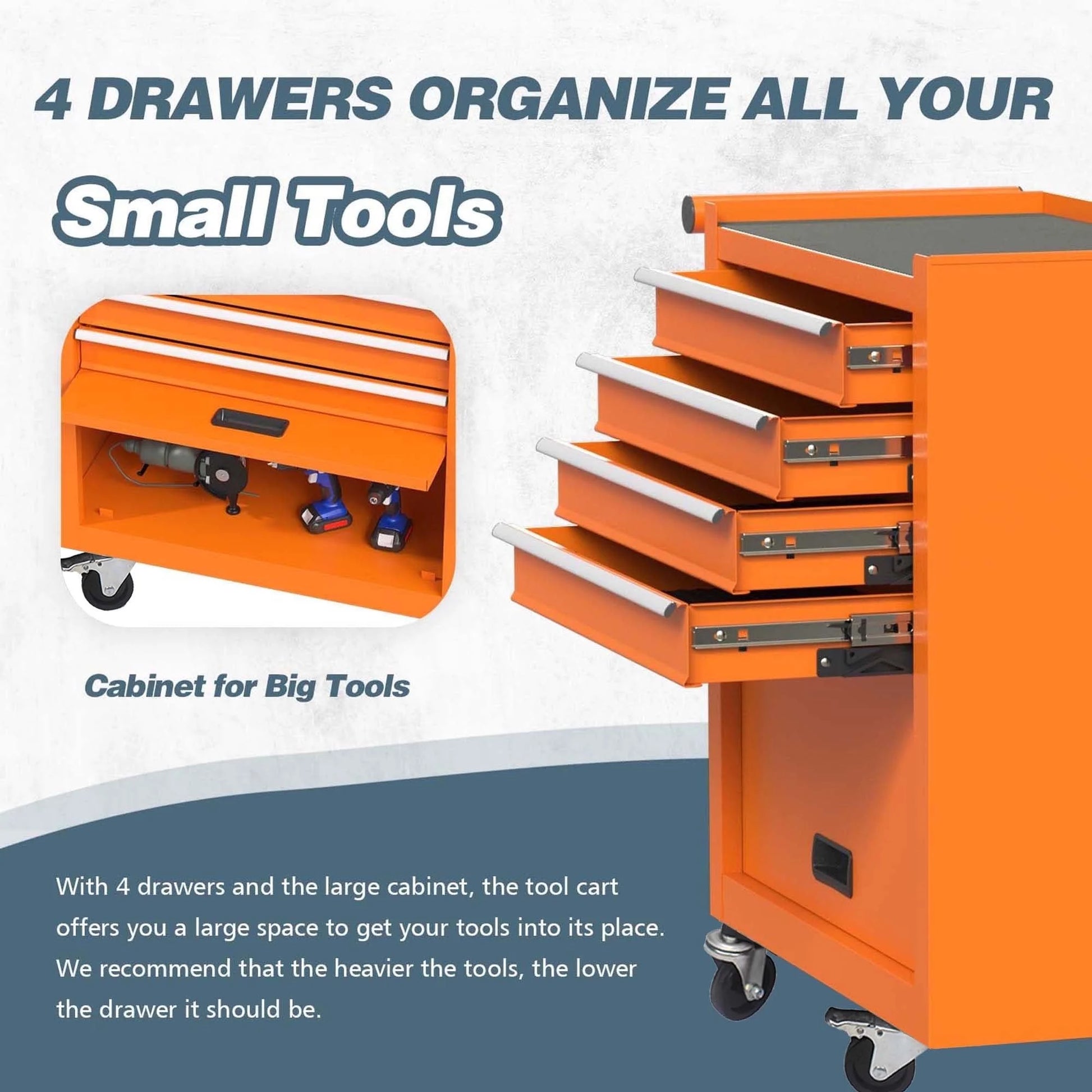 POWANLI Drawer Rolling Tool Chest with Wheels, Steel Orange, 24.25" 48.5 lb