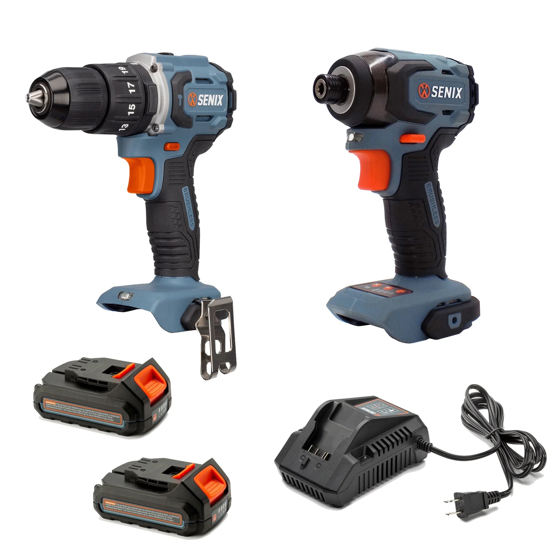 SENIX 20 Volt Max* 2-Piece Cordless Brushless Combo Kit, 1/2-Inch Hammer Drill Driver & 1/4-Inch Impact Driver (2 x Batteries, 1 x Charger and Soft Bag Included) S2K2B2-02