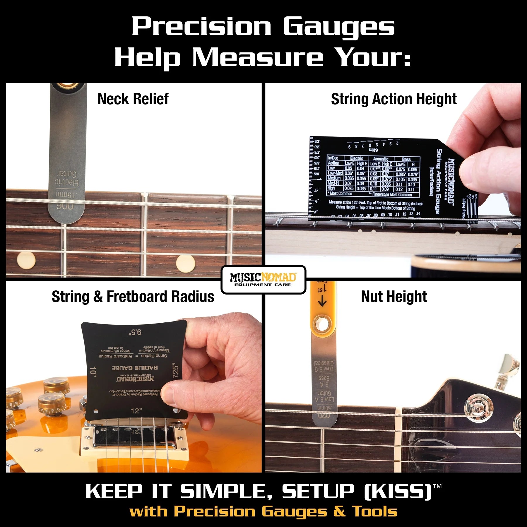 MusicNomad KEEP IT SIMPLE, SETUP (KISS)? Starter Kit Bundle - 6 pc. Gauge Set, 26 pc. Guitar Tech Tool Set, 11 pc. Truss Rod Wrench Set (MN609)