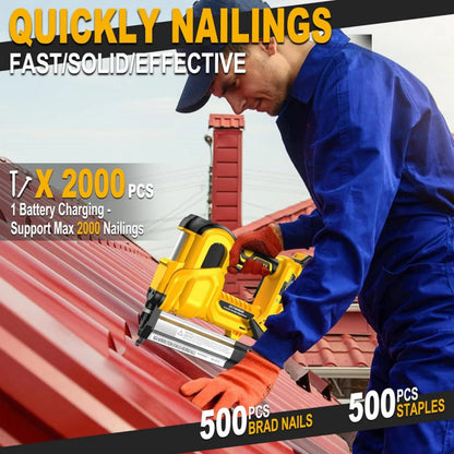 Rvchic 2-in-1 Cordless Electric Brad Nailer with 2 * 2.0Ah Battery for Upholstery,Carpentry and Woodworking,1000pcs Nails,18GA Staples Included,Yellow