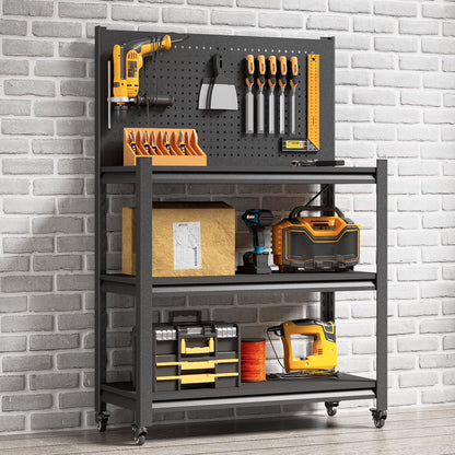 Workbench with Pegboard, 48" H Heavy Duty Steel Tool Workbench with Wheels, Metal Tool Work Bench for Garage Warehouse Workshop