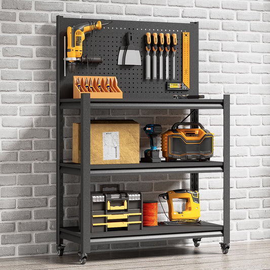 Workbench with Pegboard, 48" H Heavy Duty Steel Tool Workbench with Wheels, Metal Tool Work Bench for Garage Warehouse Workshop