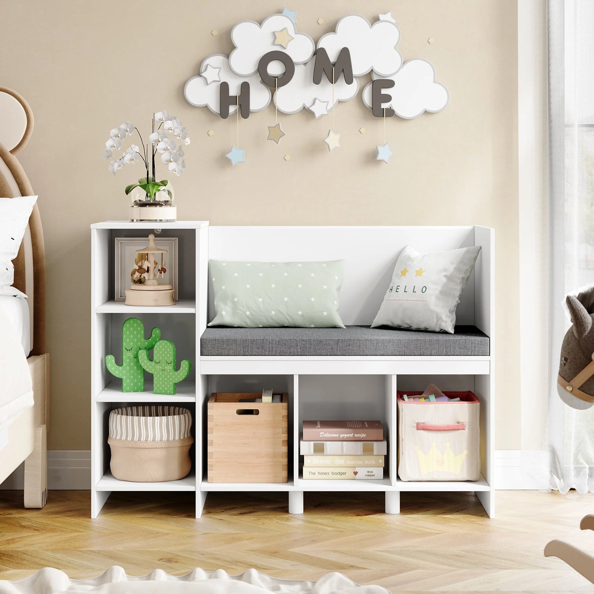 Homfa 6 Cube Kids Bookshelf with Reading Nook, Storage Organizer with Seat Cushion for Children's Room, White