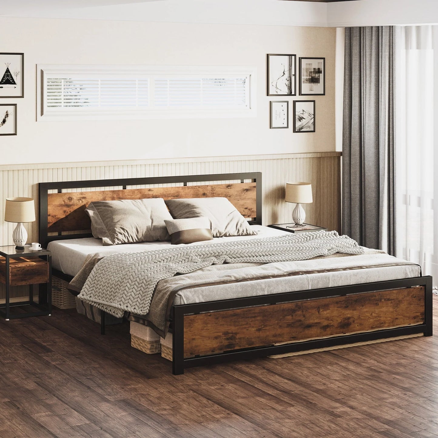 LIKIMIO King Platform Bed Frame with Headboard and Under Bed Storage, Sturdy Metal Frame and Easy Assembly