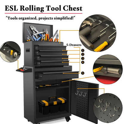 Rolling Tool Chest, 5 Drawers with Big Cabinet, Tool Trolley with 4 Universal Lockable Wheels and Lock Bar, Great Black Tool Cart for Garage Workshop, Sturdy Heavy Duty Tool Storage, Easy Assemble