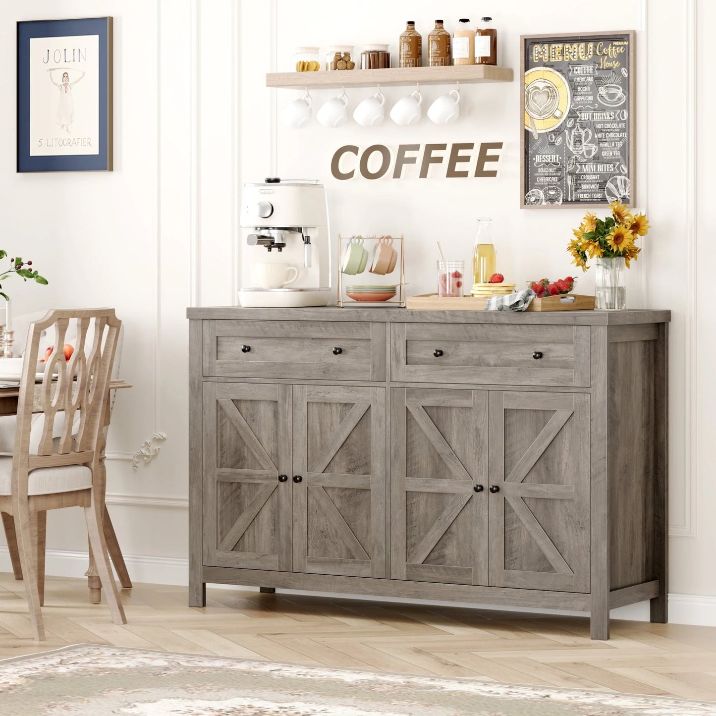 Homfa Farmhouse Kitchen Storage Cabinet, 4-Doors 2-Drawers Wood Buffet Sideboard for Dining Room Living Room, Gray