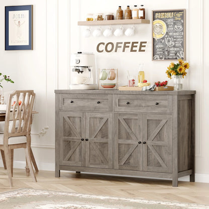 Homfa Farmhouse Kitchen Storage Cabinet, 4-Doors 2-Drawers Wood Buffet Sideboard for Dining Room Living Room, Gray