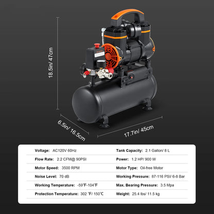 BENTISM 2.1 Gallon Air Compressor, 1.2HP 2.2 CFM@90PSI Oil Free Air Compressor Tank & Max. 116PSI Pressure, 70 dB Ultra Quiet Compressor for Auto Repair, Tire Inflation, Spray Painting