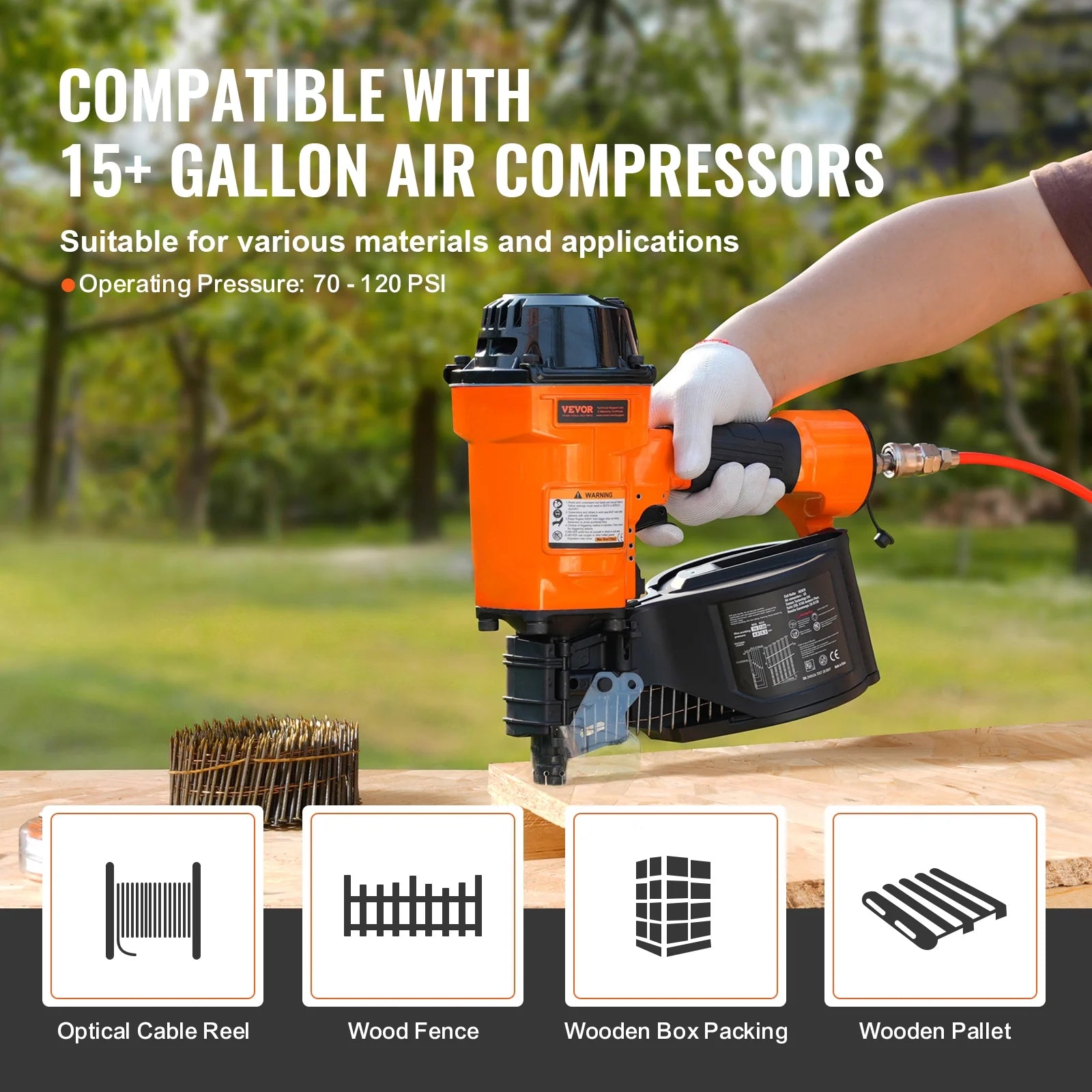 VEVOR Coil Siding Nailer MCN70, 1-3/4" to 2-3/4" 15 Degree Pneumatic Siding Nail Gun, 70-120PSI Air Coil Nailer for Pallet, Crating, Framing, Siding and Fencing