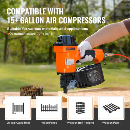 VEVOR Coil Siding Nailer MCN70, 1-3/4" to 2-3/4" 15 Degree Pneumatic Siding Nail Gun, 70-120PSI Air Coil Nailer for Pallet, Crating, Framing, Siding and Fencing