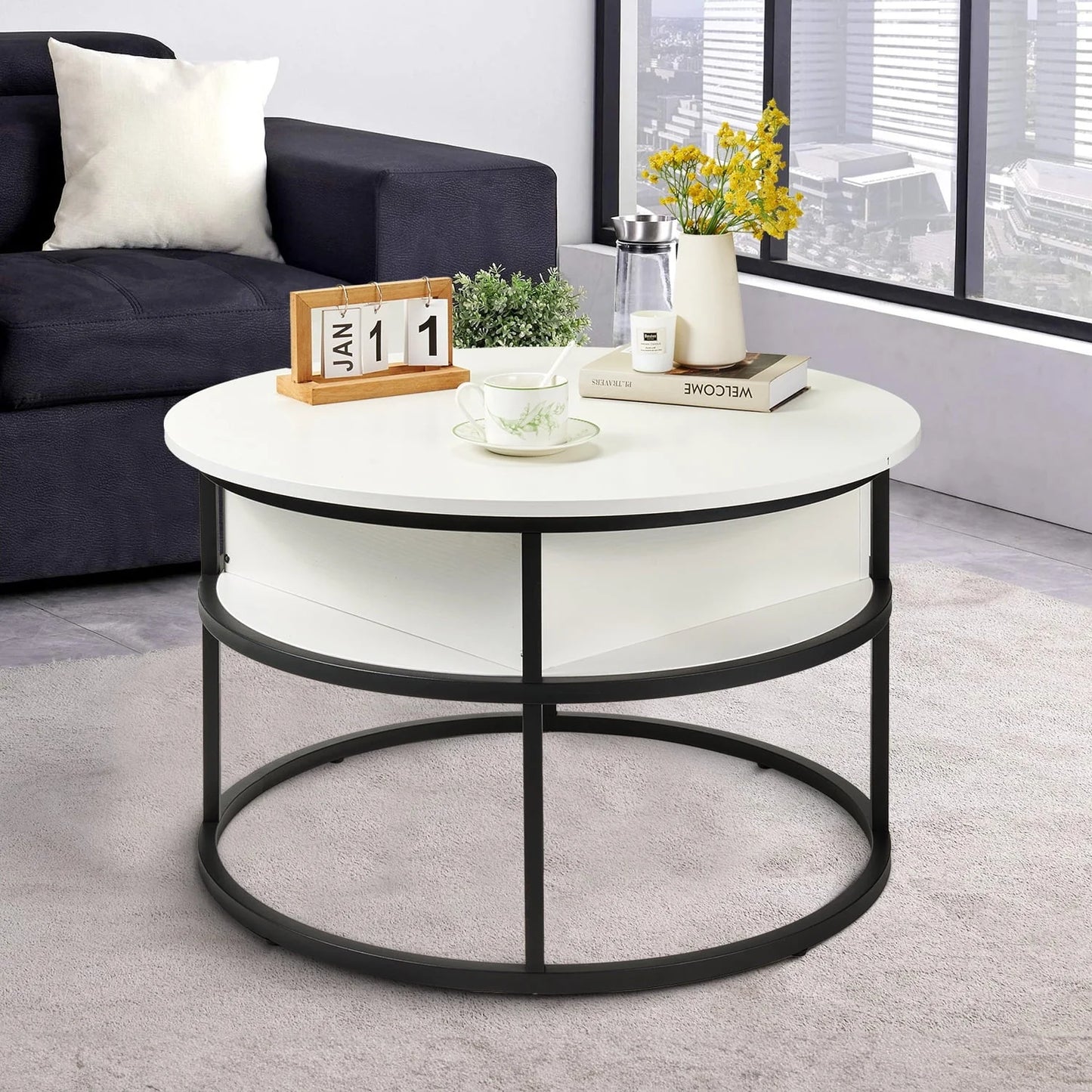 Round Lift Top Coffee Table with Storage, Industrial Wood Coffee Table with Metal Frame for Living Room, White