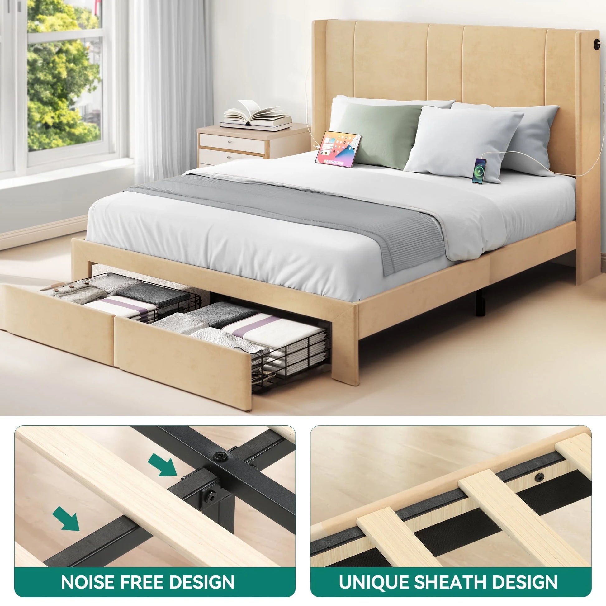 Dextrus Queen Size Upholstered Bed Frame, Platform Bed Frame with Storage Drawers, Headboard Built-in 2 USB Charging Stations and Strong Wood Slats Support, No Box Spring Needed, Beige