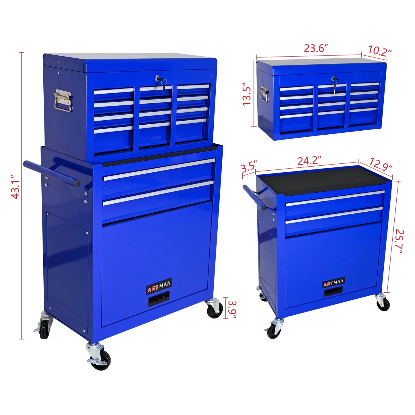 Leuco High Capacity Rolling Tool Chest with Wheels and Drawers, 8-Drawer Tool Storage Cabinet, Heavy-Duty Garage Organizer and Workshop Tool Chest, Red