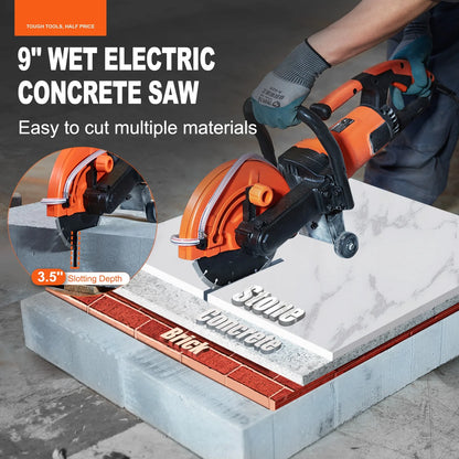 BENTISM 9'' Electric Concrete Saw Wet/Dry 4.5 in Cutting Depth Saw Cutter with Water Pump and Blade, Masonry Saw for Granite, Brick, Porcelain, Reinforced Concrete and Other Material