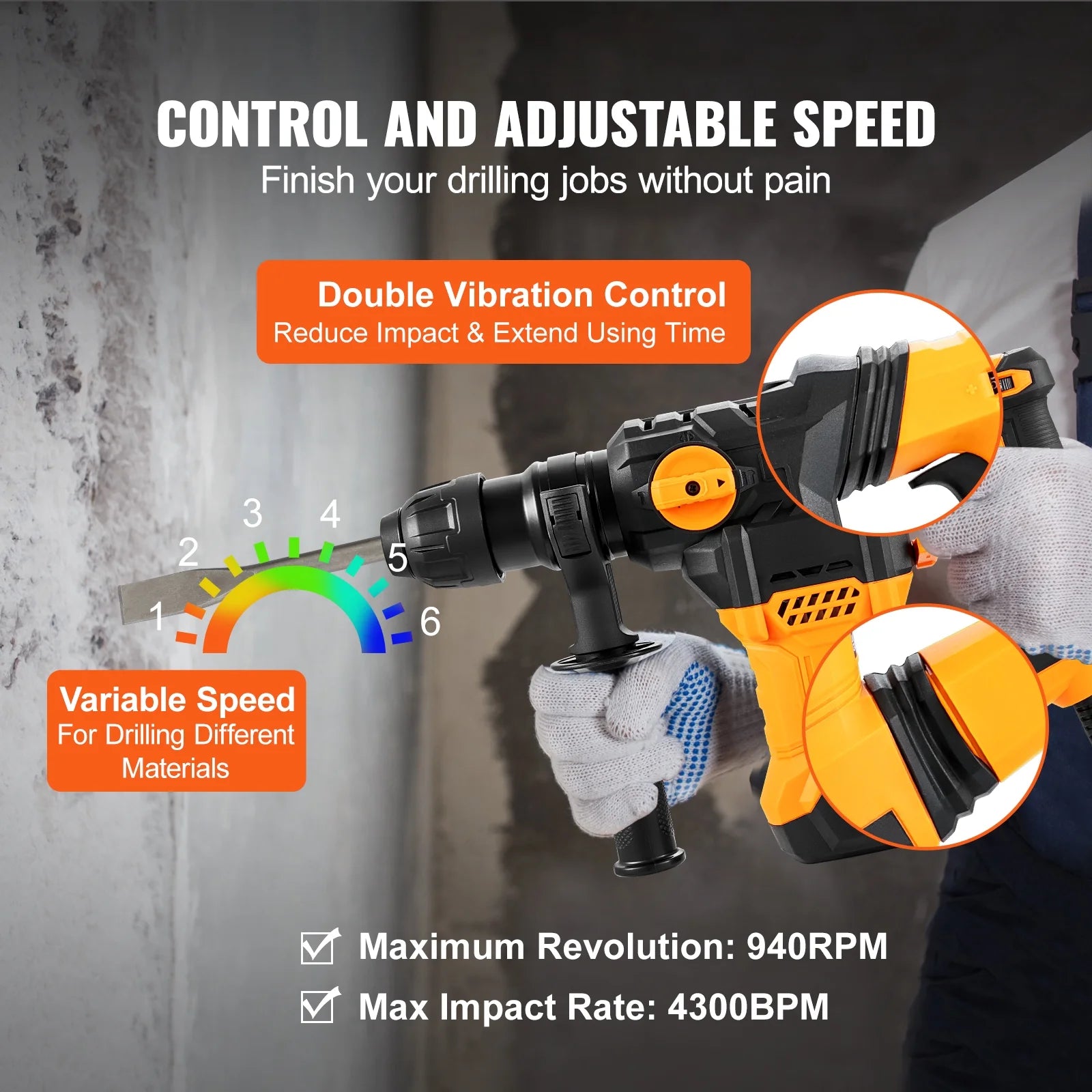 VEVOR 1-1/4inch SDS-Plus Rotary Hammer Drill, 13 Amp Corded Drills, Heavy Duty Chipping Hammers w/Vibration Control & Safety Clutch, Electric Demolition Hammers Variable Speed, Power Tool For Concrete