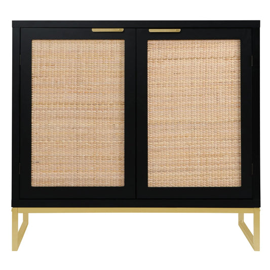 Eumyviv Modern Accent Sideboards Cabinets with 2 Rattan Doors, Mid-Century Buffets Storage Credenzas for Bedroom Living Room,Black,H0046
