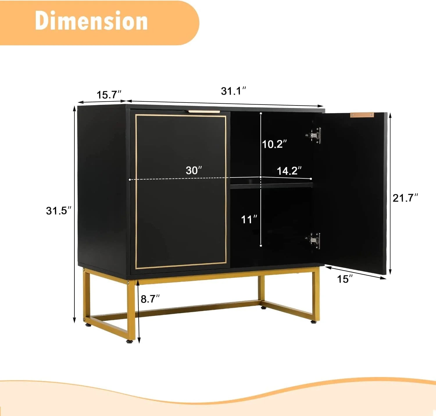 Yoleny 31'' Buffet Cabinet with Storage, Accent Cabinet with 2 Doors, Gold Trim and Golden Legs, Wooden Sideboard with Adjustable Shelf and Feet for Bedroom, Living Room, Kitchen, Hallway, Black
