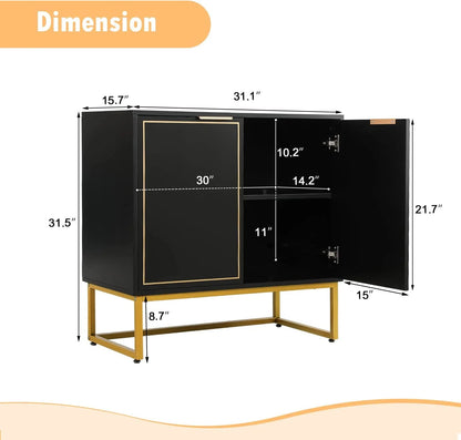 Yoleny 31'' Buffet Cabinet with Storage, Accent Cabinet with 2 Doors, Gold Trim and Golden Legs, Wooden Sideboard with Adjustable Shelf and Feet for Bedroom, Living Room, Kitchen, Hallway, Black