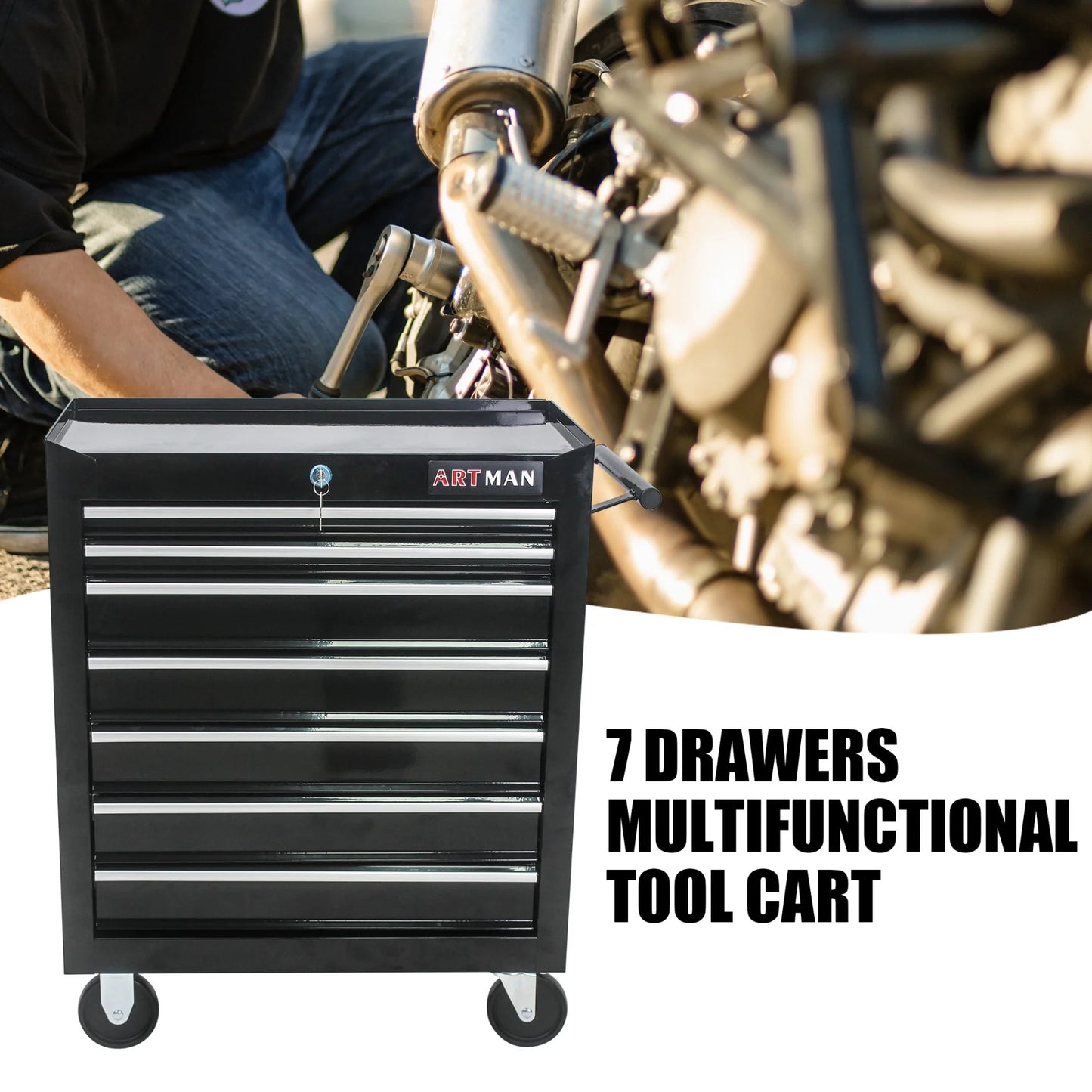 7-Drawer Rolling Tool Chest with Wheels, Metal Tool Cart Storage Cabinet with Lock, Tool Box Storage Organizer for Garage, Warehouse, Workshop, Repair Shop, Blue