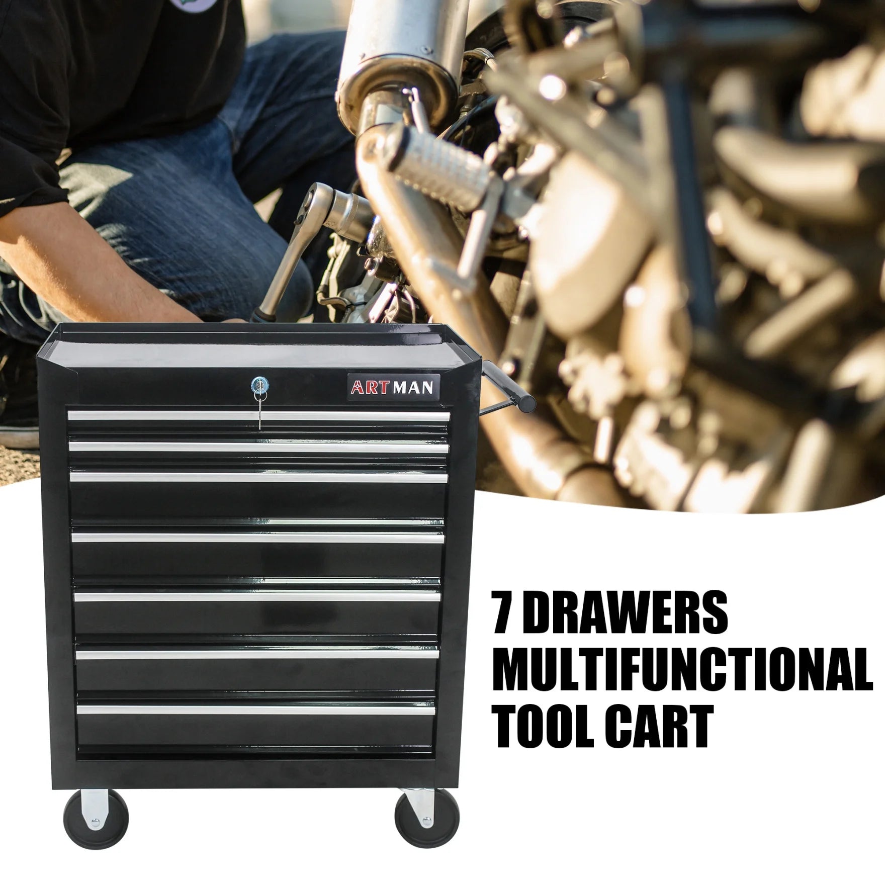 7-Drawer Rolling Tool Chest with Wheels, Metal Tool Cart Storage Cabinet with Lock, Tool Box Storage Organizer for Garage, Warehouse, Workshop, Repair Shop, Blue
