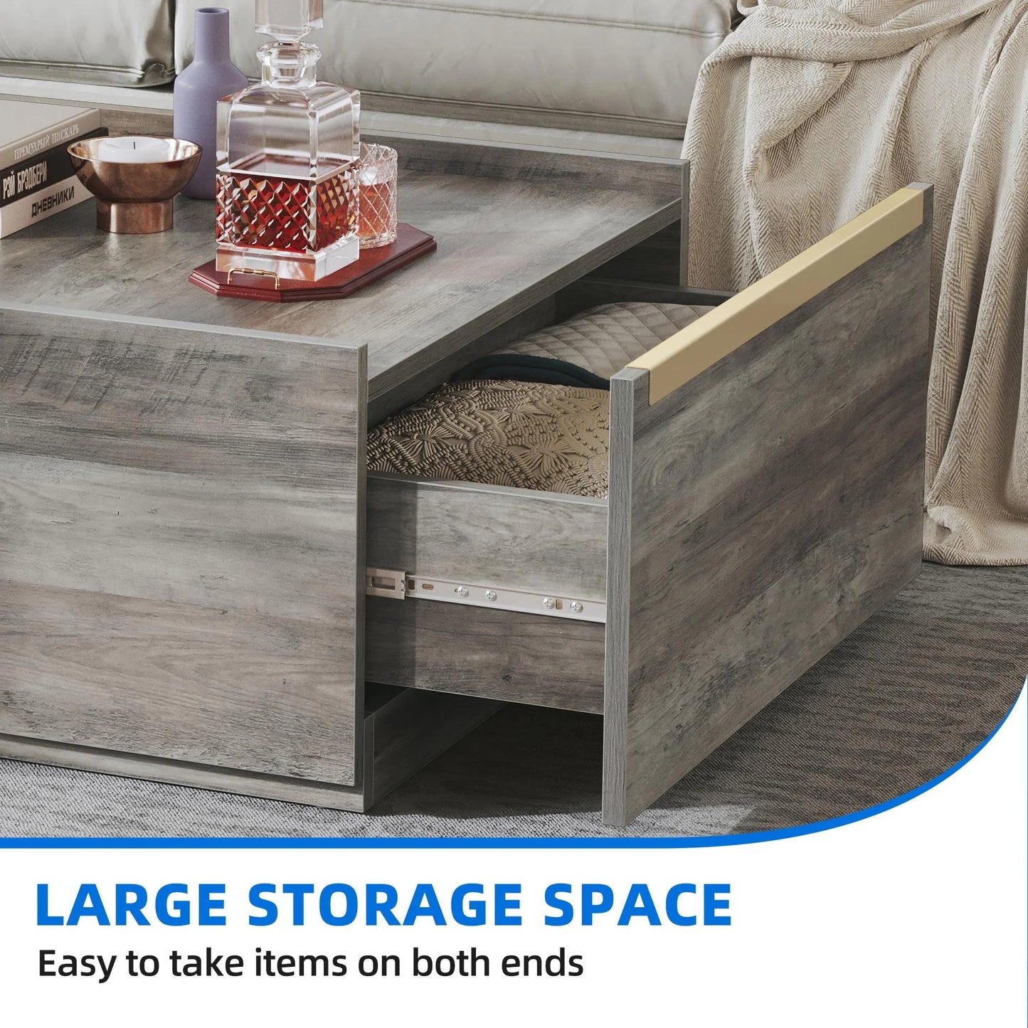 Dextrus Square Coffee Table with Storage, Manhattan Gate Center Table for Living Room, Bedroom, Grey Wash