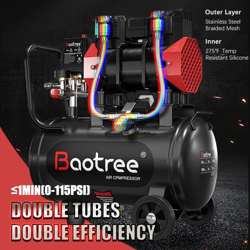 Datingday Ultra Quiet Air 8 Gallon 1.6HP Compressor with Two Quick Couplers & Wheels,Fast 60-Second Inflation & Auto Safety Features ,Max 115 PSI Oil-Free Air Compressor Tank for Home/Commercial Use