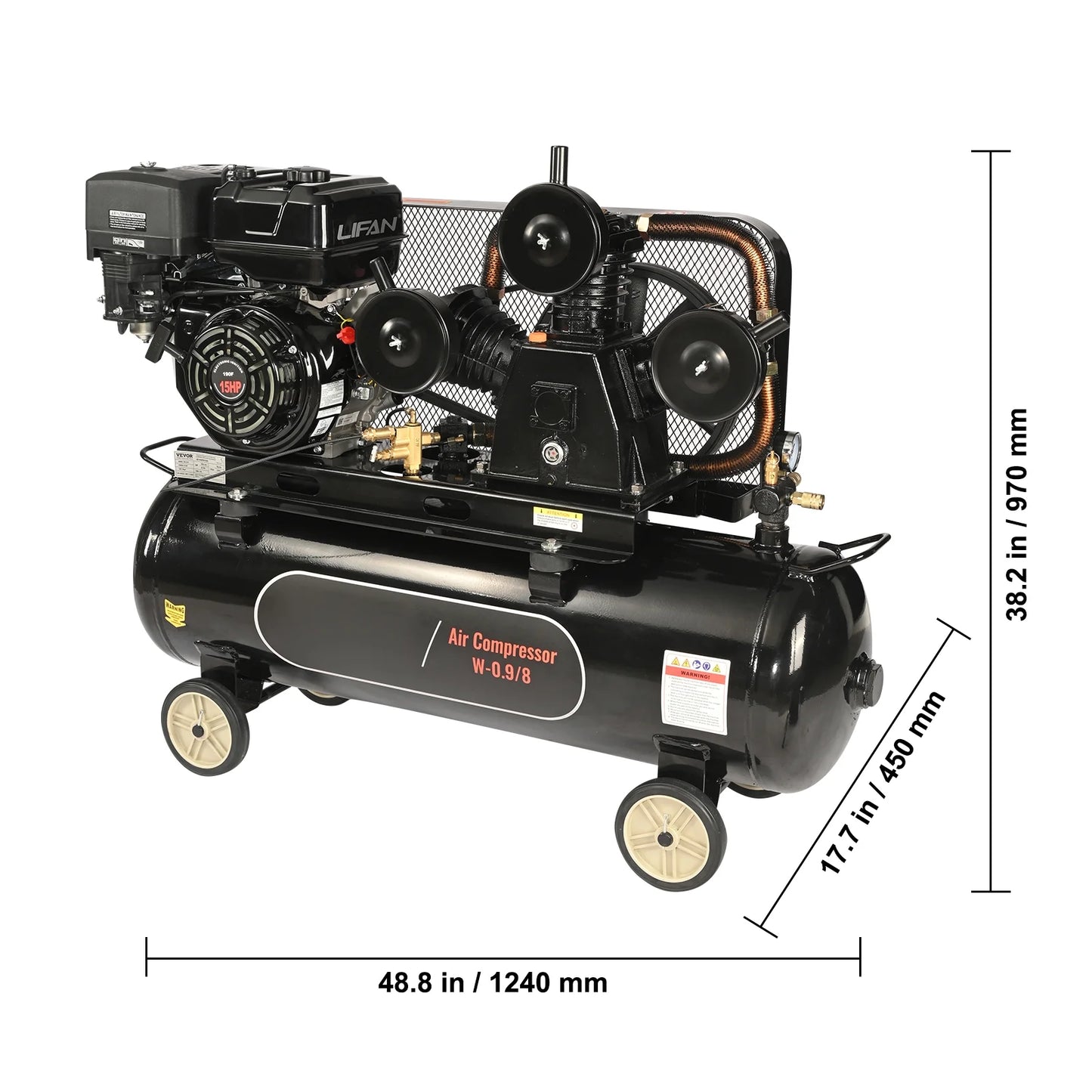KFFKFF 15HP Gas-Fueled Air Compressor, 30 Gallon Horizontal Compressor Tank, 33CFM@115PSI Gas Propelled Piston Pump Compressed Air System with 115PSI Maximum Pressure for Building Sites Workshop