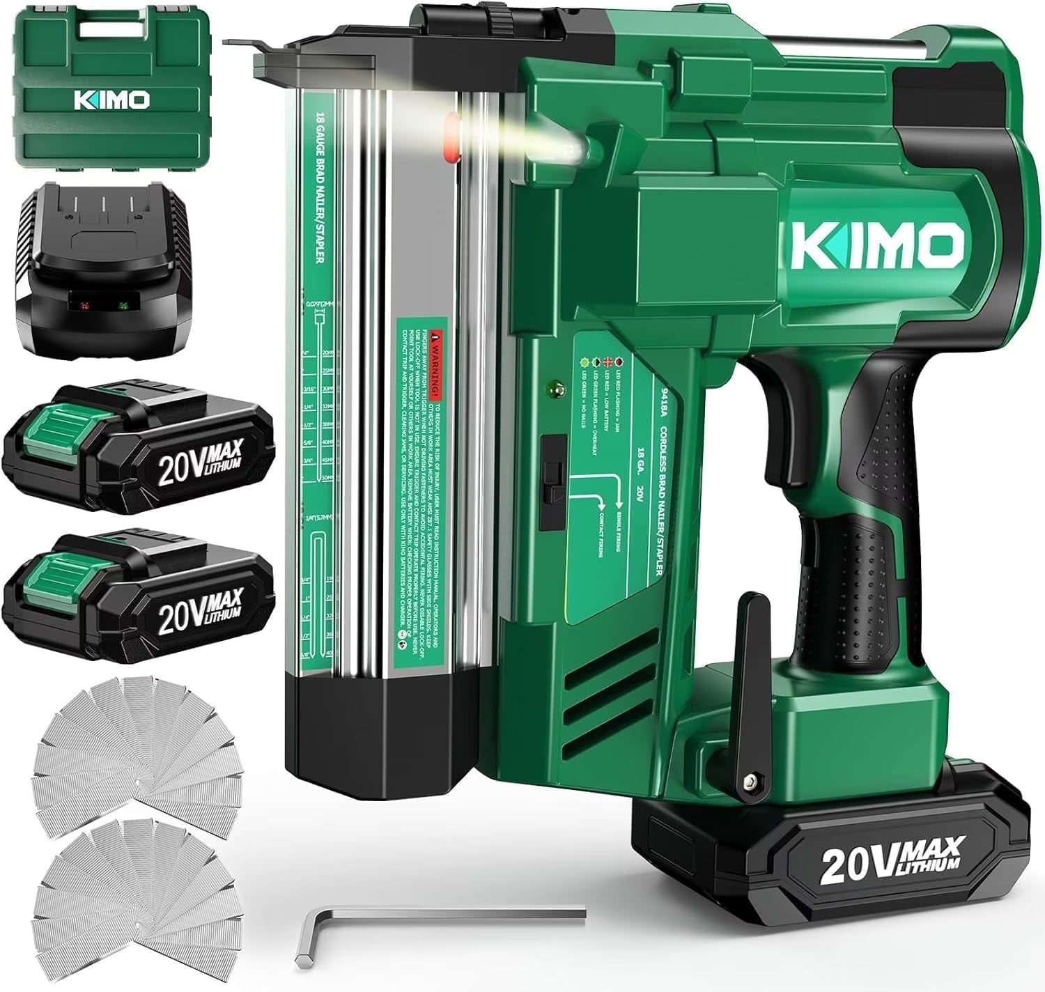 KIMO 18 Gauge Nail Gun Cordless with 20V Battery 2.0Ah X 2, 1000pcs Nails and Staples, 2 Firing Modes, 180 Nails/min, Adjustable Nailing Depth, 2 in 1 Cordless Brad Nailer and Stapler for DIY Project