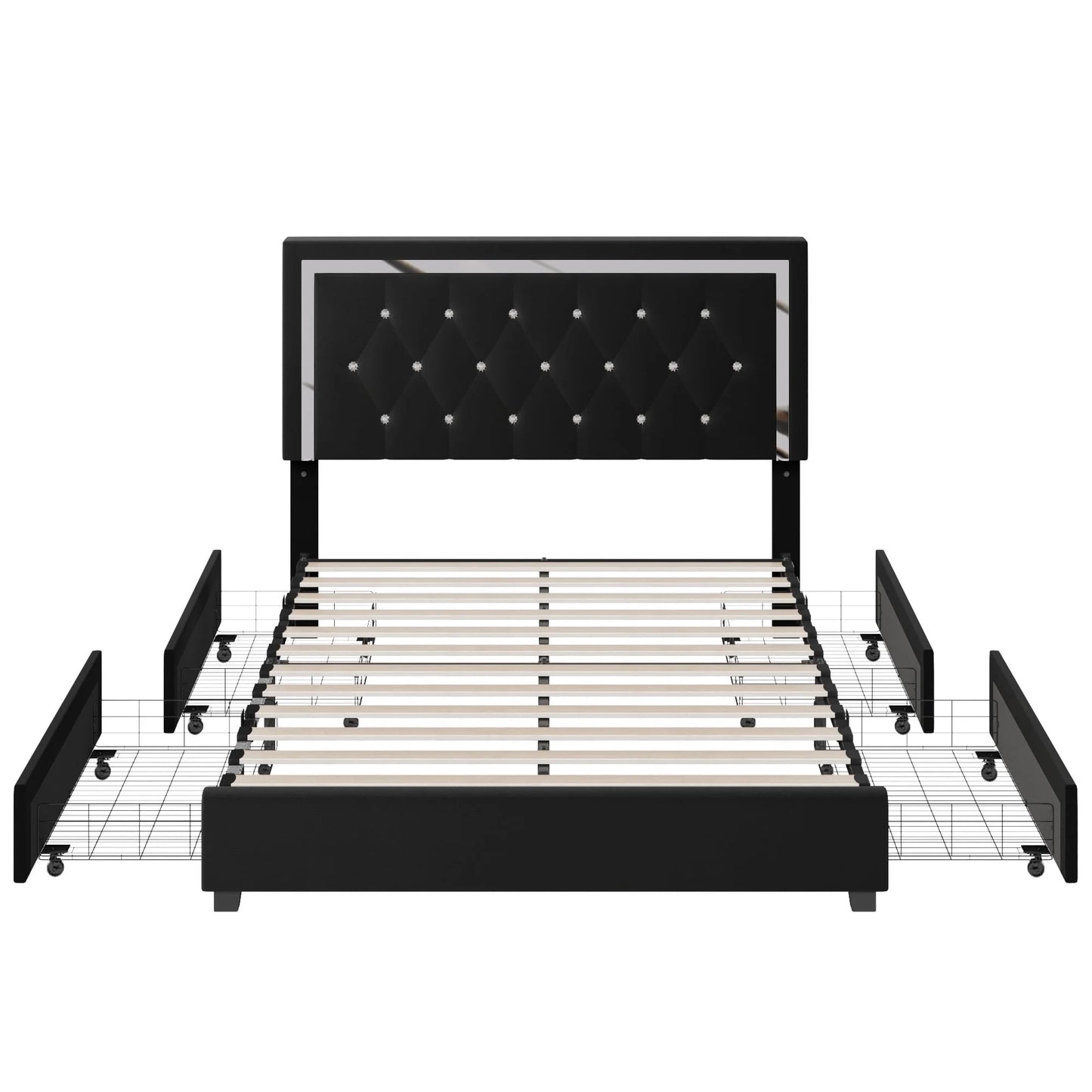 Homfa Queen Size Storage Bed with 4 Drawers, Crystal Buckle Upholstered Platform Bed Frame with Adjustable Headboard for Bedroom, Black