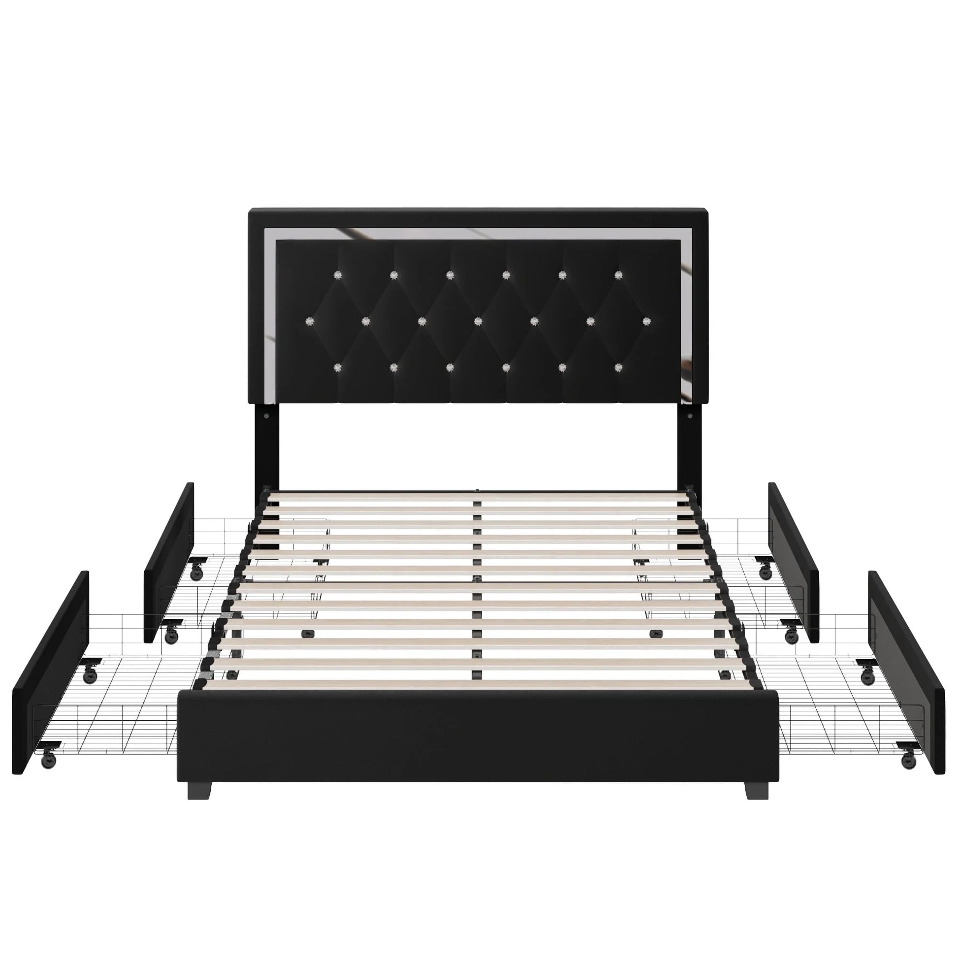 Homfa Queen Size Storage Bed with 4 Drawers, Crystal Buckle Upholstered Platform Bed Frame with Adjustable Headboard for Bedroom, Black