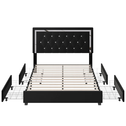 Homfa Queen Size Storage Bed with 4 Drawers, Crystal Buckle Upholstered Platform Bed Frame with Adjustable Headboard for Bedroom, Black