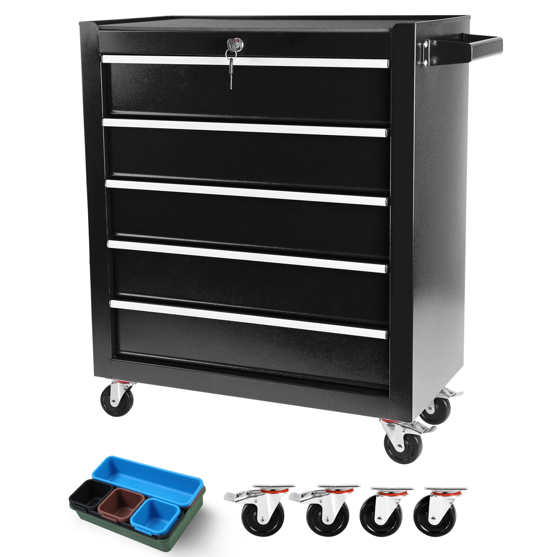 5-Drawer Portable Tool Box, Steel Rolling Tool Chest with 7 Drawer Organizer, 360-Degree Wheels & 360-Degree Brake Wheels, Lockable & Movable Tool Cabinet for Workshop, Garage, Warehouse, Blue + Grey