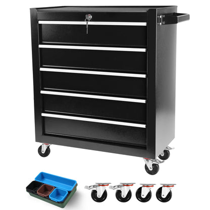 5-Drawer Portable Tool Box, Steel Rolling Tool Chest with 7 Drawer Organizer, 360-Degree Wheels & 360-Degree Brake Wheels, Lockable & Movable Tool Cabinet for Workshop, Garage, Warehouse, Blue + Grey