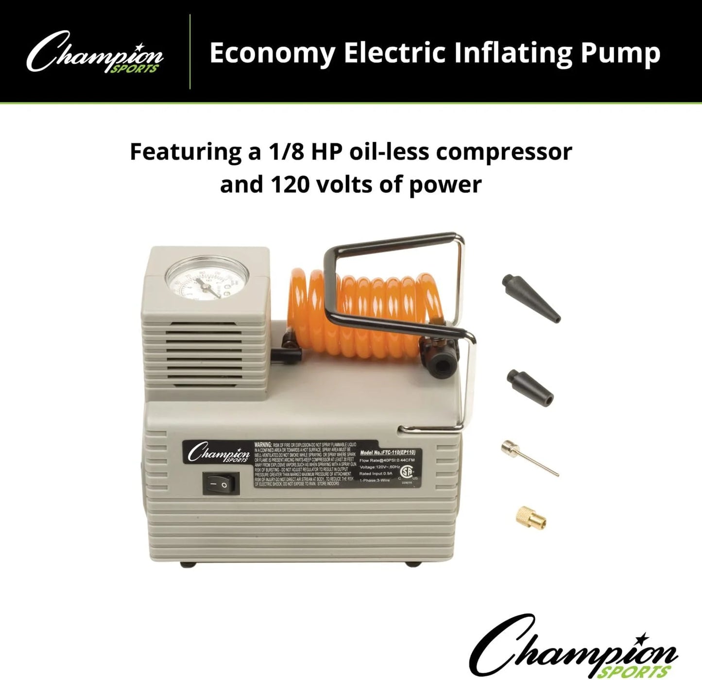 Champion Sports Electric Ball Pump for Basketball, Soccer, Volleyball, with Needle, Gauge, Hose - Quiet, Fast Air Pumps for Balls with up to 125 PSI - Premium Ball Inflator for Gyms, Schools,Blue