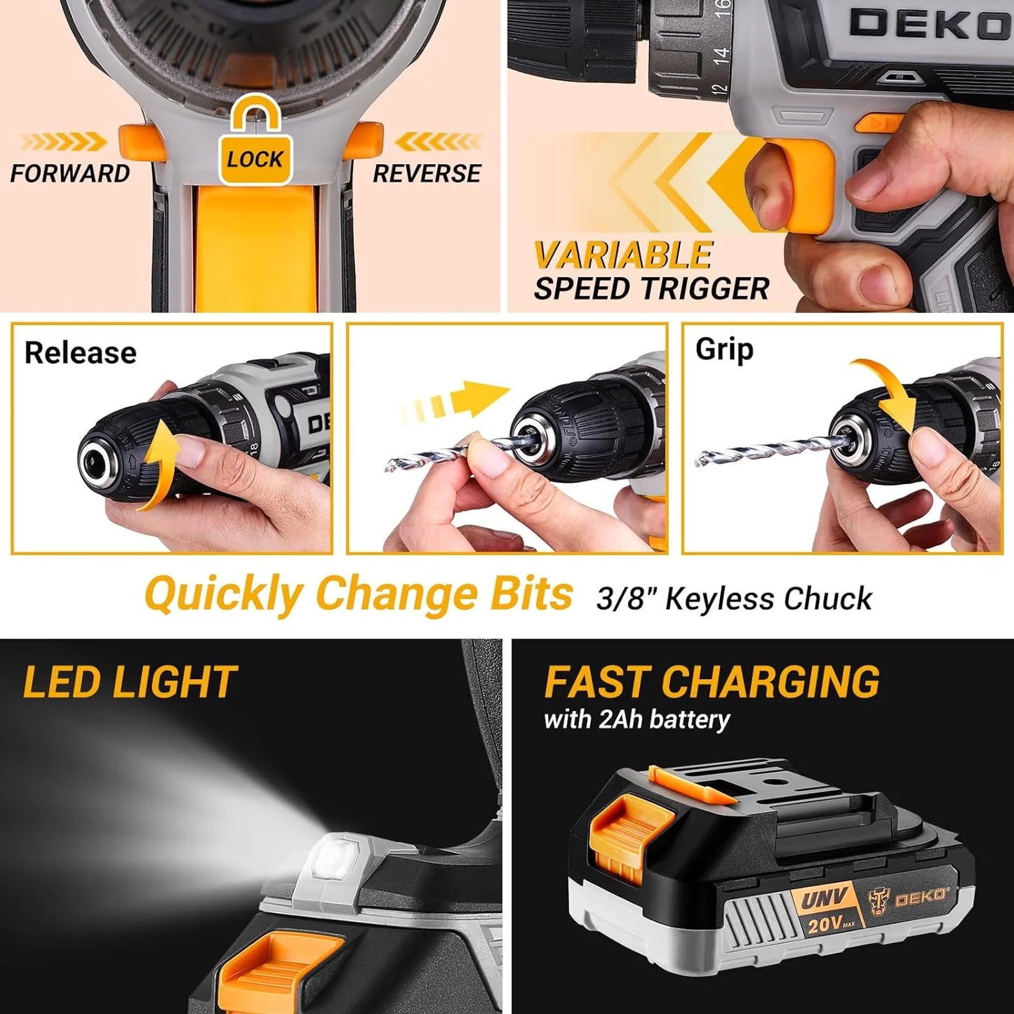 20V Cordless Power Drill Tool Kit Set with Battery Electric Drill Driver - Portable Home Repair Toolbox