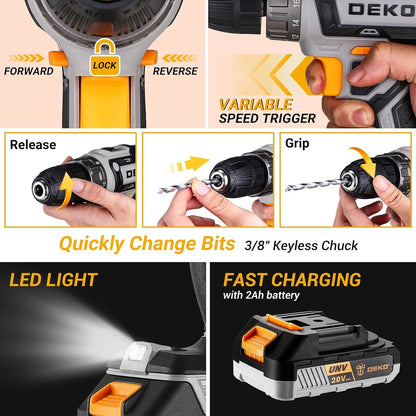 20V Cordless Power Drill Tool Kit Set with Battery Electric Drill Driver - Portable Home Repair Toolbox