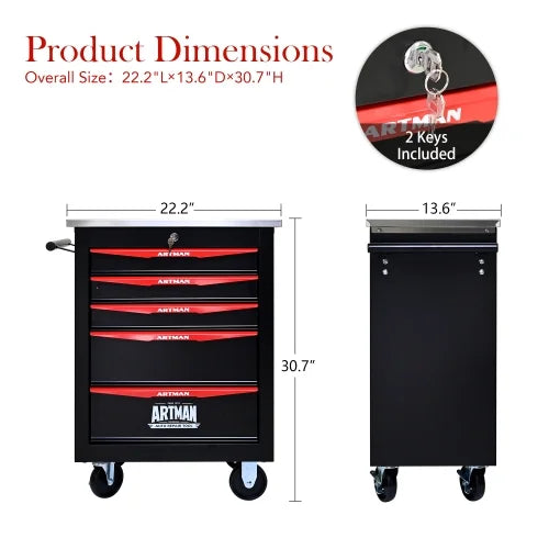 POVANLI 5 Drawer Portable Tool Box With Wheels,Tool Chest With Key Locking Tool Boxes/Organizers Black& Red