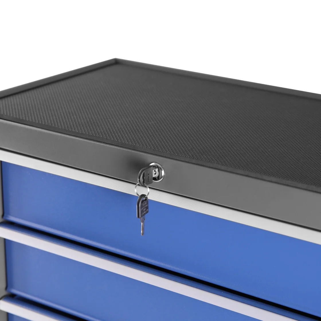 5-Drawer Portable Tool Box, Steel Rolling Tool Chest with 7 Drawer Organizer, 360-Degree Wheels & 360-Degree Brake Wheels, Lockable & Movable Tool Cabinet for Workshop, Garage, Warehouse, Blue + Grey