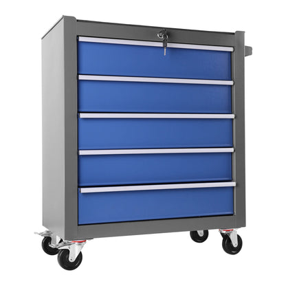 Lockable Rolling Tool Chest with 5 Storage Drawers, Portable Metal Tool Box Cart with Wheels and Locking System, Tool Trolley Organizer for Garage, Warehouse, Workshop, Blue and Grey