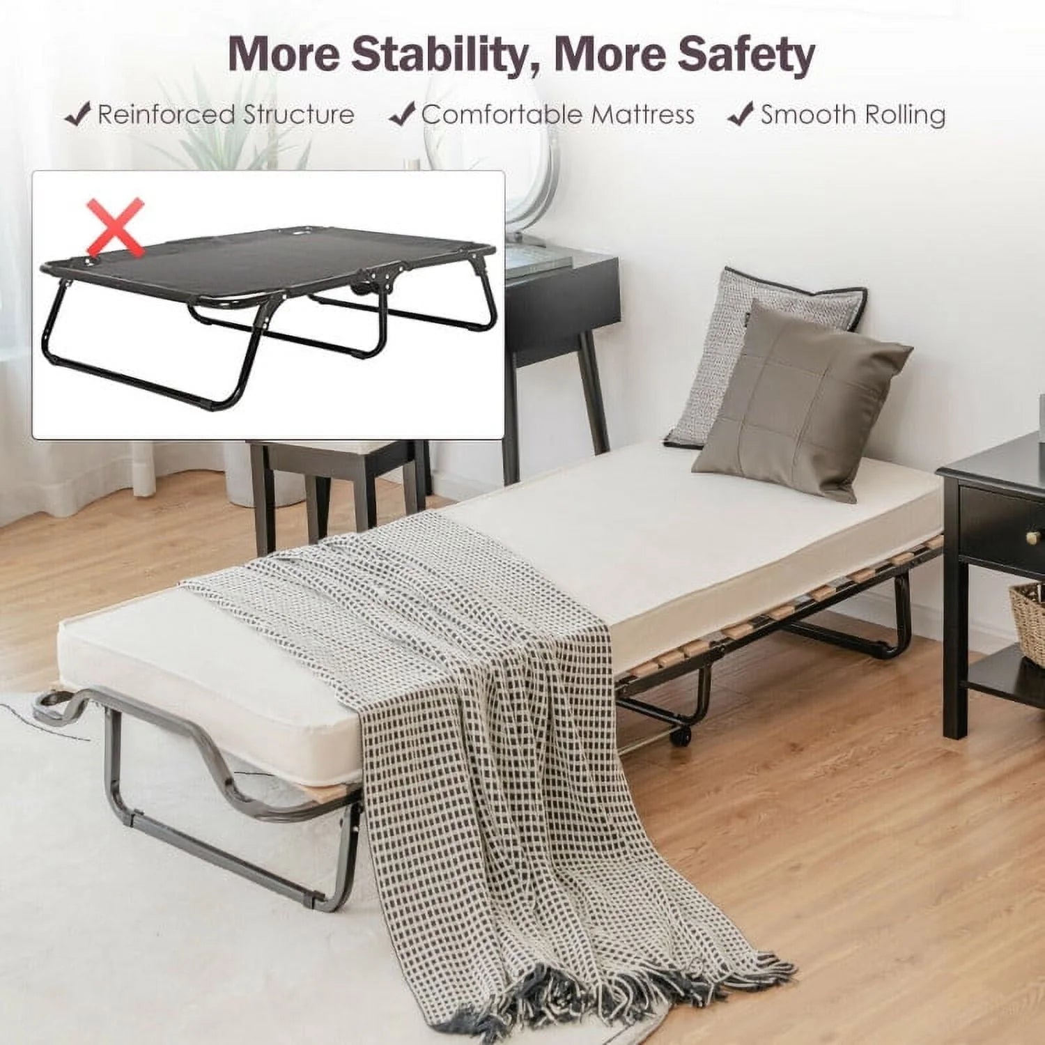 Folding Rollaway Bed, Metal Frame Bed Storage Cover Included, Portable Foldable Guest Bed for Adults, Cot Size Fold up Bed with Memory Foam Mattress on Wheels 76.5" x 31.5" x 16"