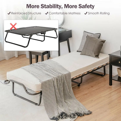 Folding Rollaway Bed, Metal Frame Bed Storage Cover Included, Portable Foldable Guest Bed for Adults, Cot Size Fold up Bed with Memory Foam Mattress on Wheels 76.5" x 31.5" x 16"