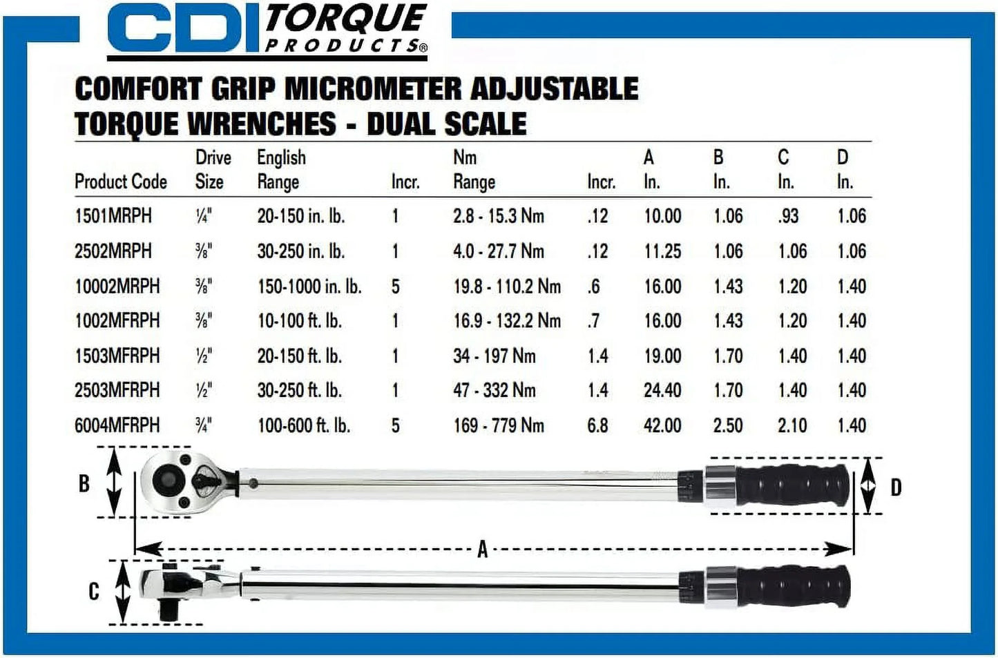 CDI Torque Products 2502MRPH 3/8-Inch Drive Adjustable Micrometer Torque Wrench, Torque Range 30 to 250-Inch-Pounds