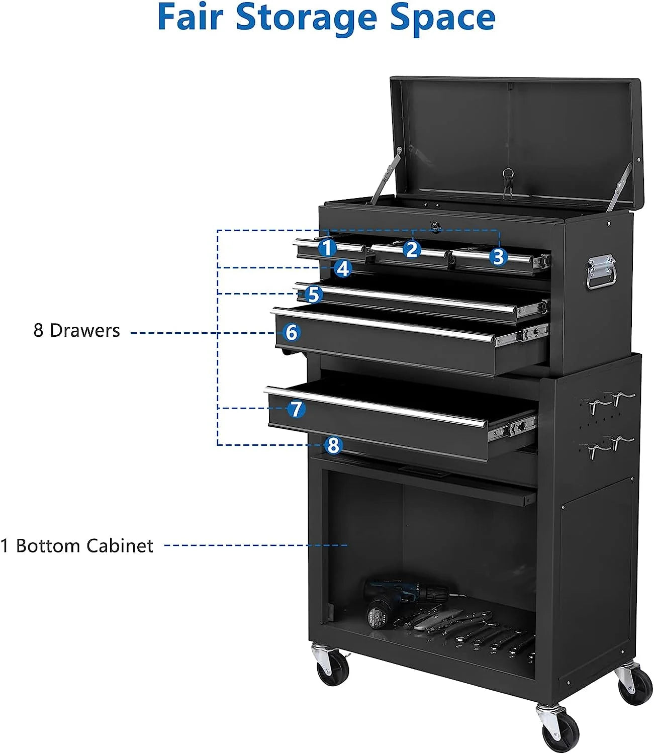 TUFFIOM 8-Drawer Rolling Tool Chest w/Lock & Key, Tool Storage Cabinet w/Wheels, Detachable Top, Drawers, Side Hooks & Drawer Liners, Tool Organizer Box for Garage, Warehouse & Repair Shop