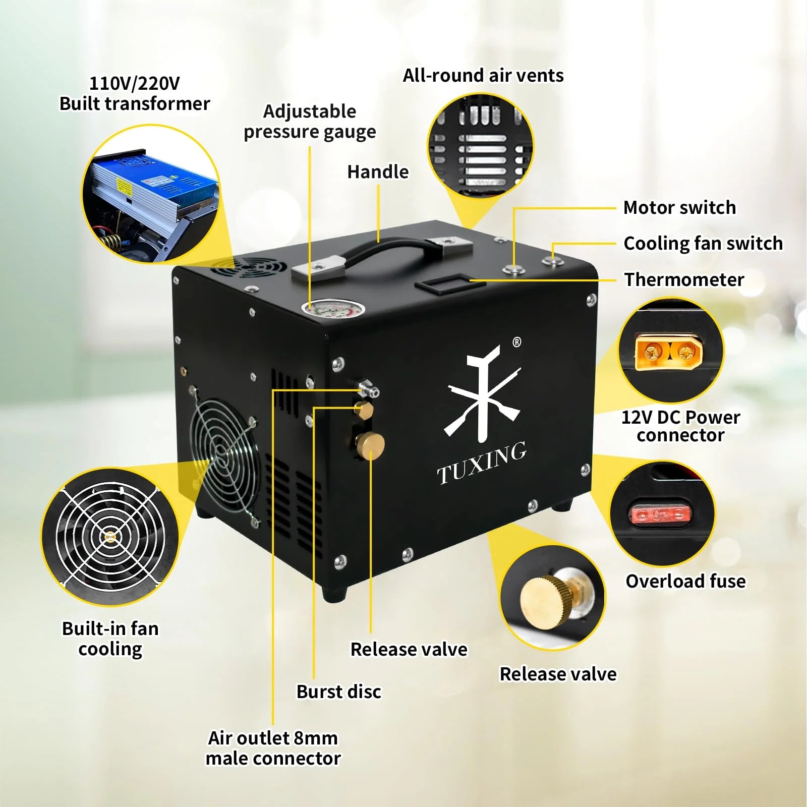 TUXING 4500Psi Pcp Compressor Built-in Fan Cooling/Converter for Pcp Air Rifle
