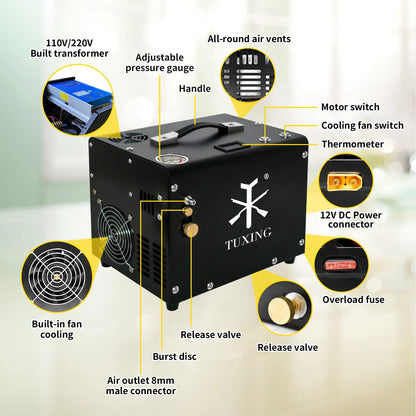 TUXING 4500Psi Pcp Compressor Built-in Fan Cooling/Converter for Pcp Air Rifle