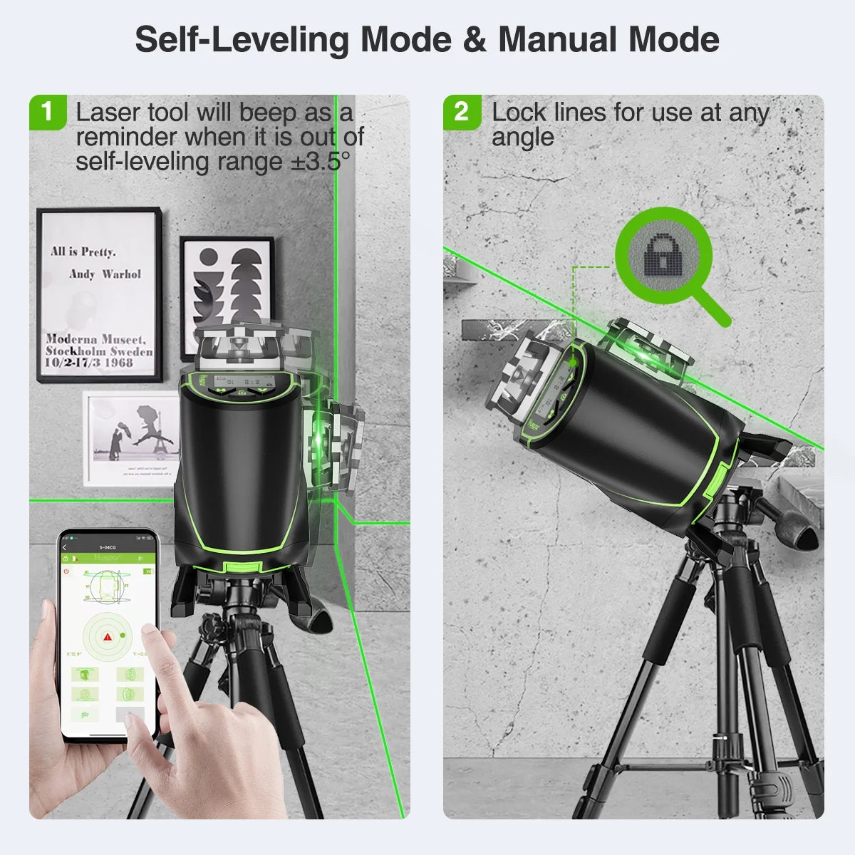 4D 16 Lines Self-Leveling Laser Level, 200Ft Green Beam 4 x 360° Cross Line Laser Level Tools with LCD Screen, Bluetooth and Magnetic Bracket