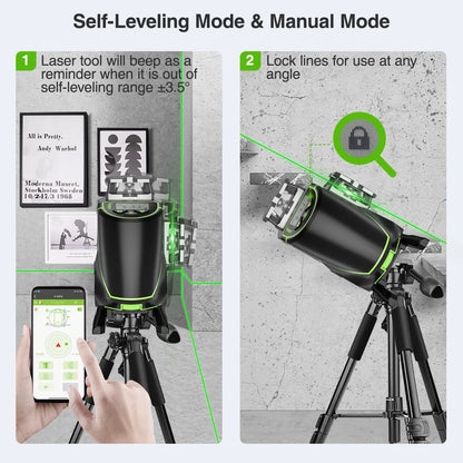 4D 16 Lines Self-Leveling Laser Level, 200Ft Green Beam 4 x 360° Cross Line Laser Level Tools with LCD Screen, Bluetooth and Magnetic Bracket