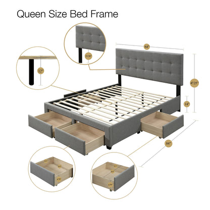 DG Casa Benjamin Upholstered Platform Bed Frame with Storage Drawers Square Tufted Headboard and Full Wooden Slats, Box Spring Not Required - Queen Size in Grey Polyester Blend Fabric