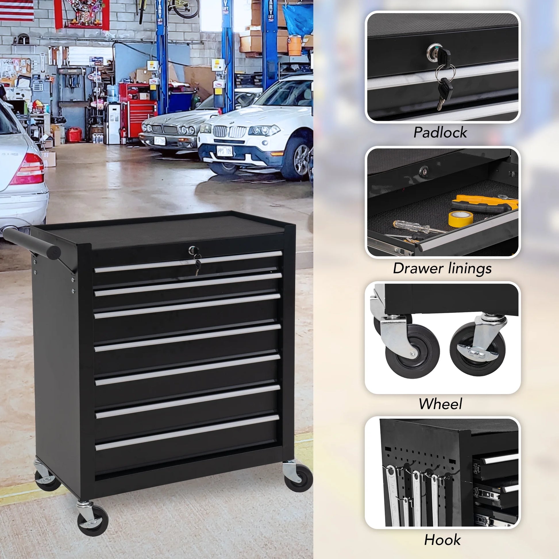 Tool Box, 7-Drawer Steel Rolling Tool Chest on Wheels for Workshop Garage, Orange