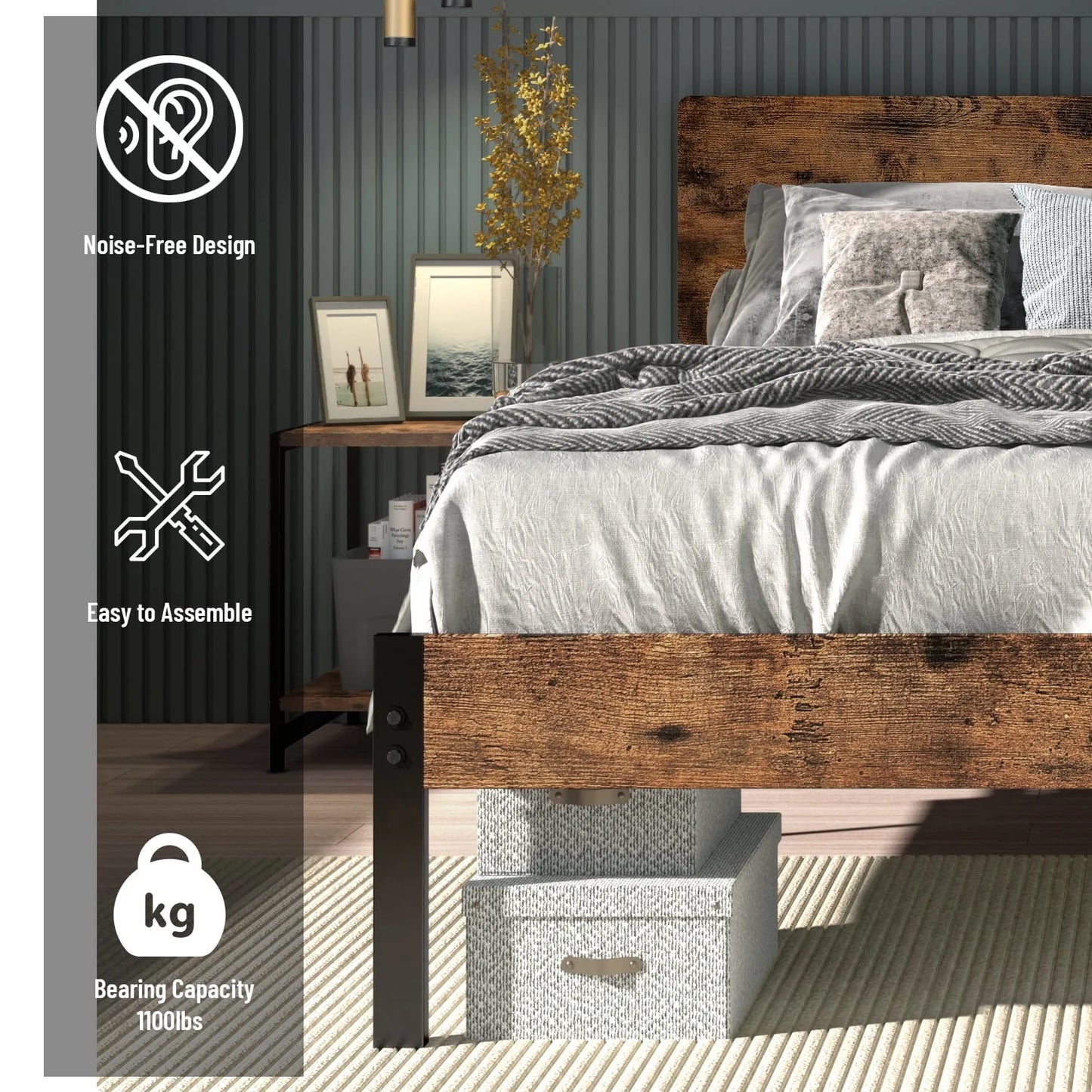 LIKIMIO Queen Platform Bed Frame with MDF Headboard, Strong Steel Support and Underbed Storage Space, Vintage Brown